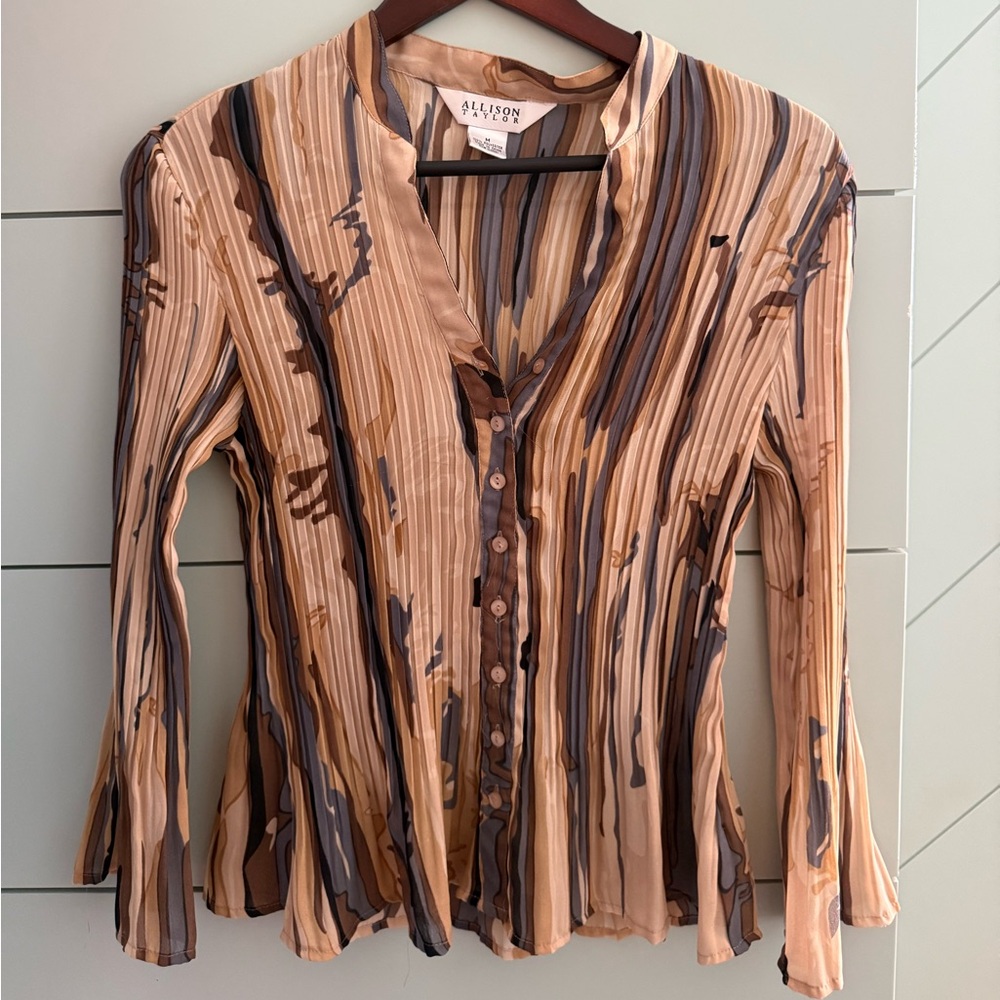 Allison Taylor Beige and Brown Striped Button-Front Blouse
